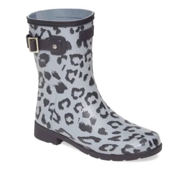 HUNTER Refined Stormy Gray Hybrid Leopard Print Luna Short Rain Boots | 7 - Picture 3 of 14